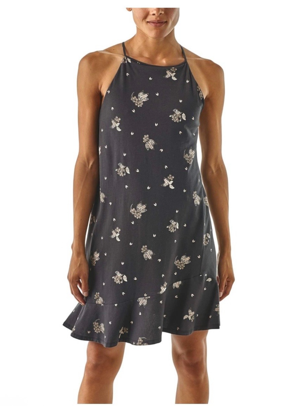 Patagonia W's Alpine Valley in Wattleseed Ink Black Floral Halter Dress Size M